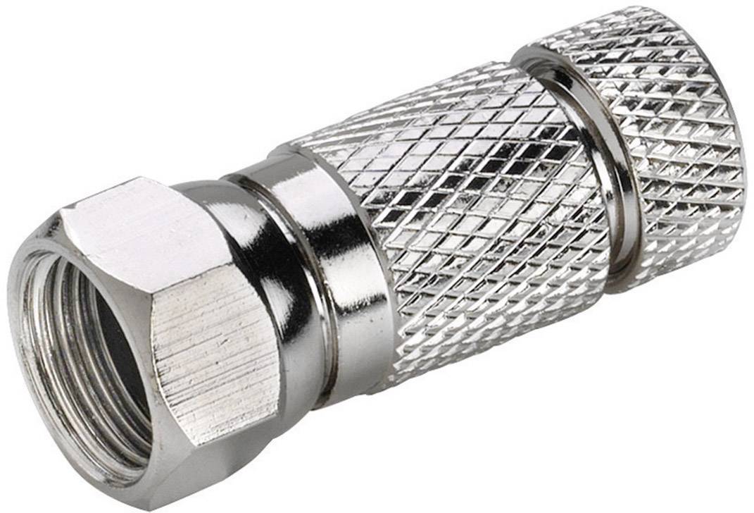 Metal connectors for coaxial cables with a knurled surface for improved grip. Commonly used for TV and internet connections.