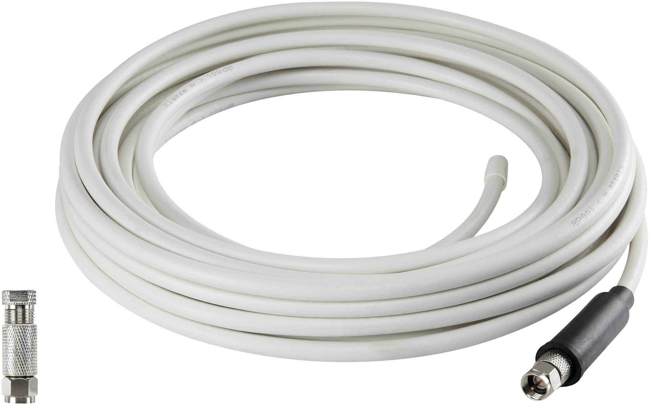 White coaxial cable with an F-connector on one side and a metal screw connection on the other. Cable is coiled.
