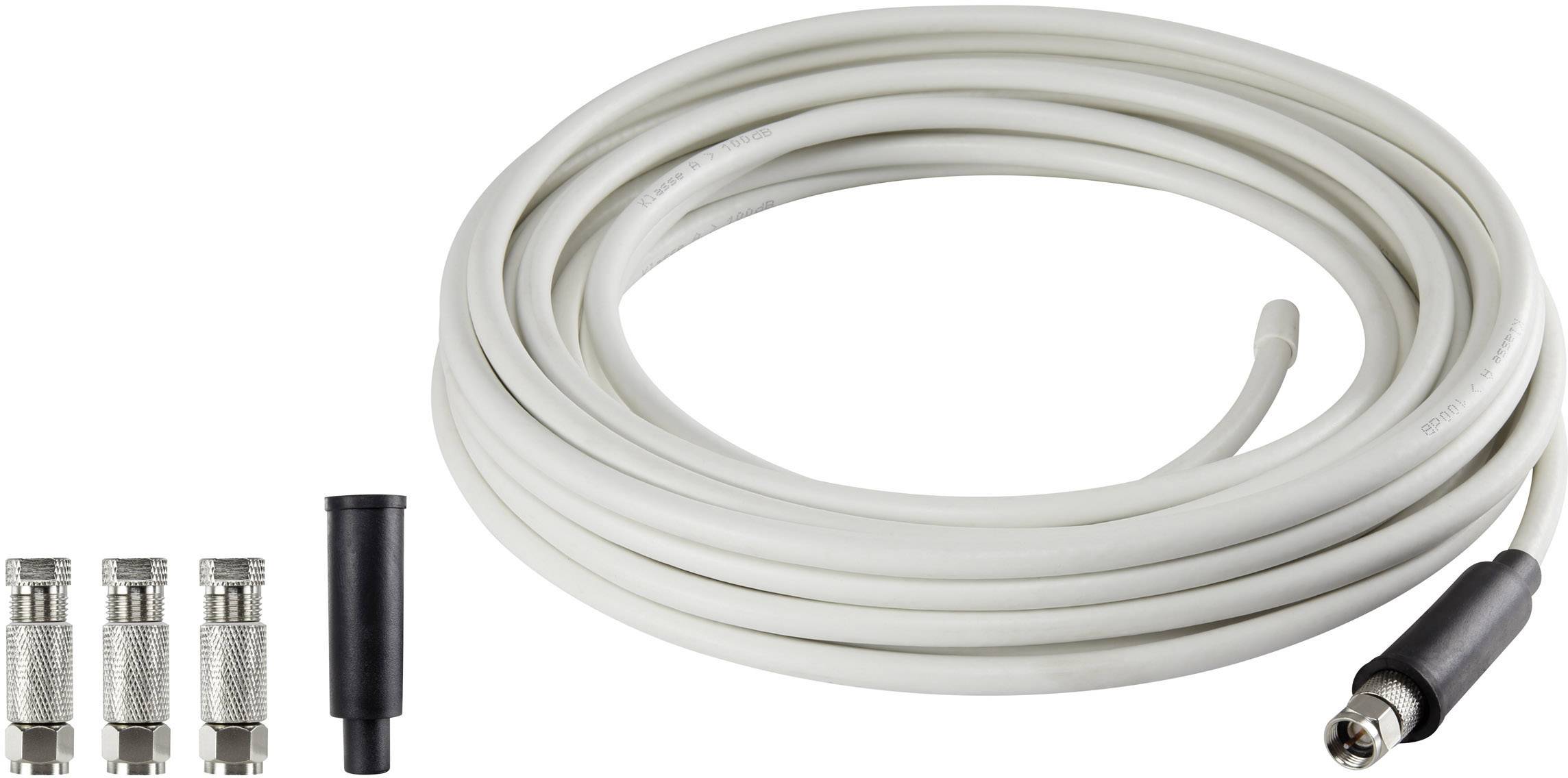 A coaxial cable set with a long, white cable and four connectors, suitable for TV or satellite connections.