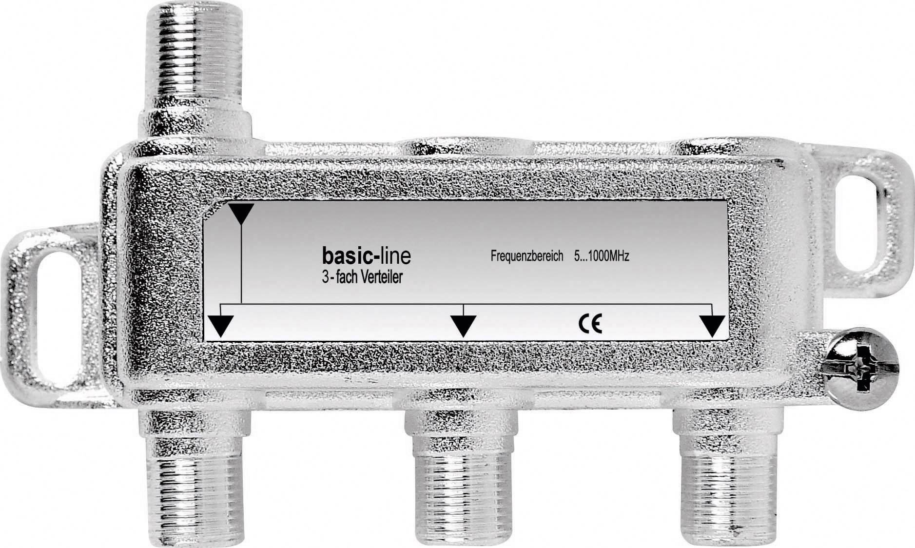 A silver TV splitter with the inscription 'basic-line 3-way splitter', suitable for 5 to 1000 MHz, shown with three connections.