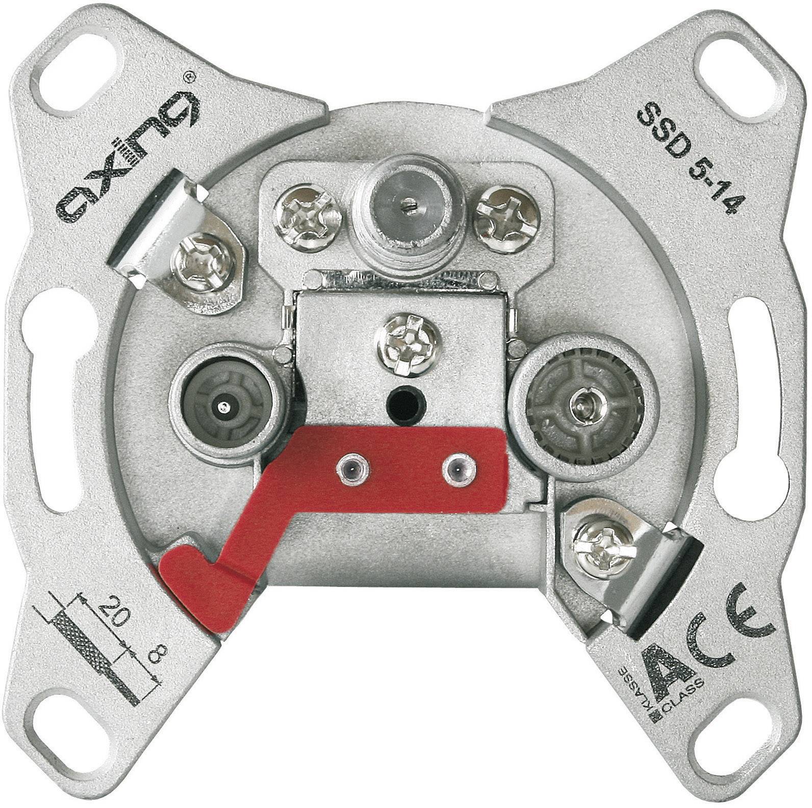 Socket for signal distribution of TV, radio and satellite, brand imprint 'Axing SSD 5-14', with red locking lever and screw terminals.