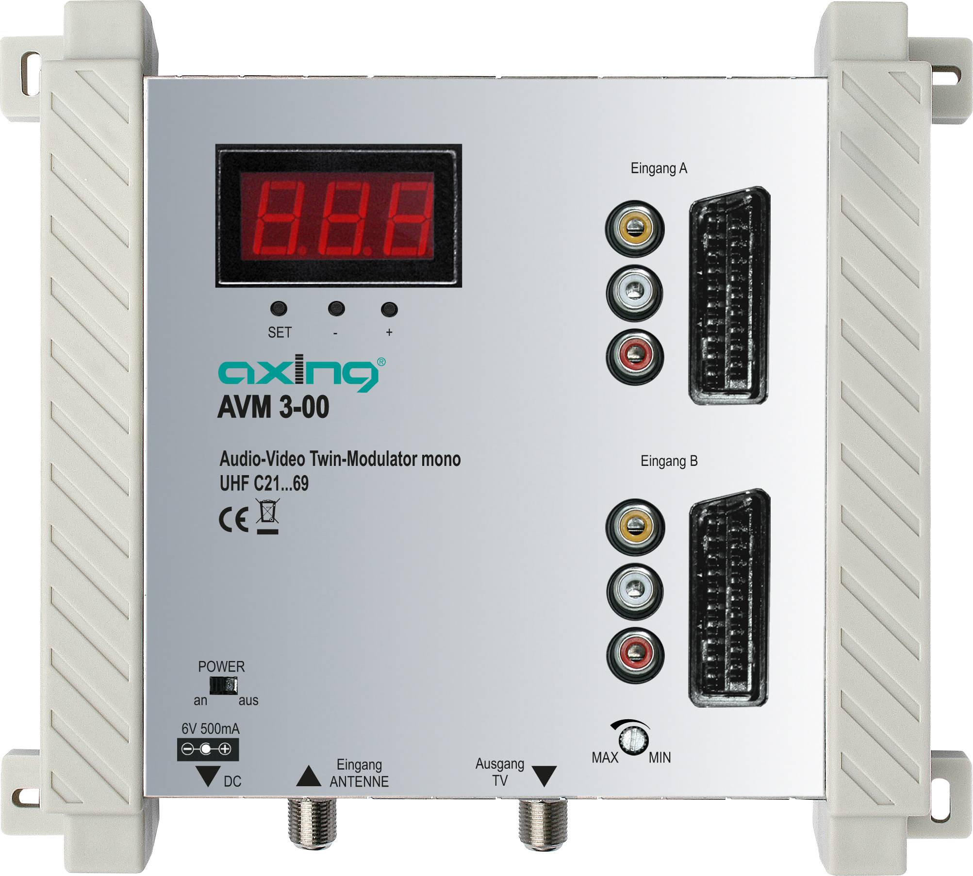 A white AVM 3-00 audio-video twin modulator device with connections and a digital display showing the number '0.0.0'.