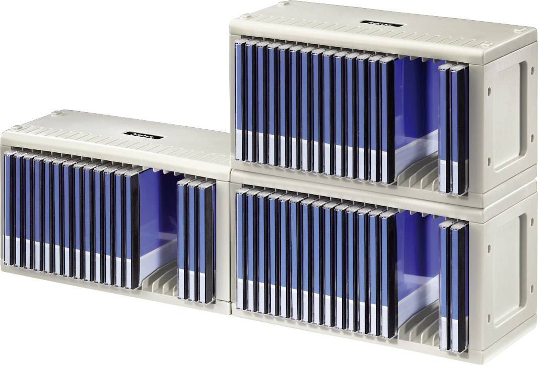 Three stackable shelves with vertically arranged blue ring binders. Each section contains multiple folders for document storage.