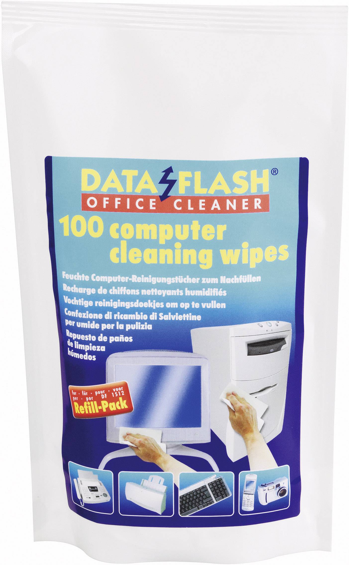 Pack of 'DATAFLASH OFFICE CLEANER' computer cleaning wipes, pictured with a computer, printer, mouse and keyboard.