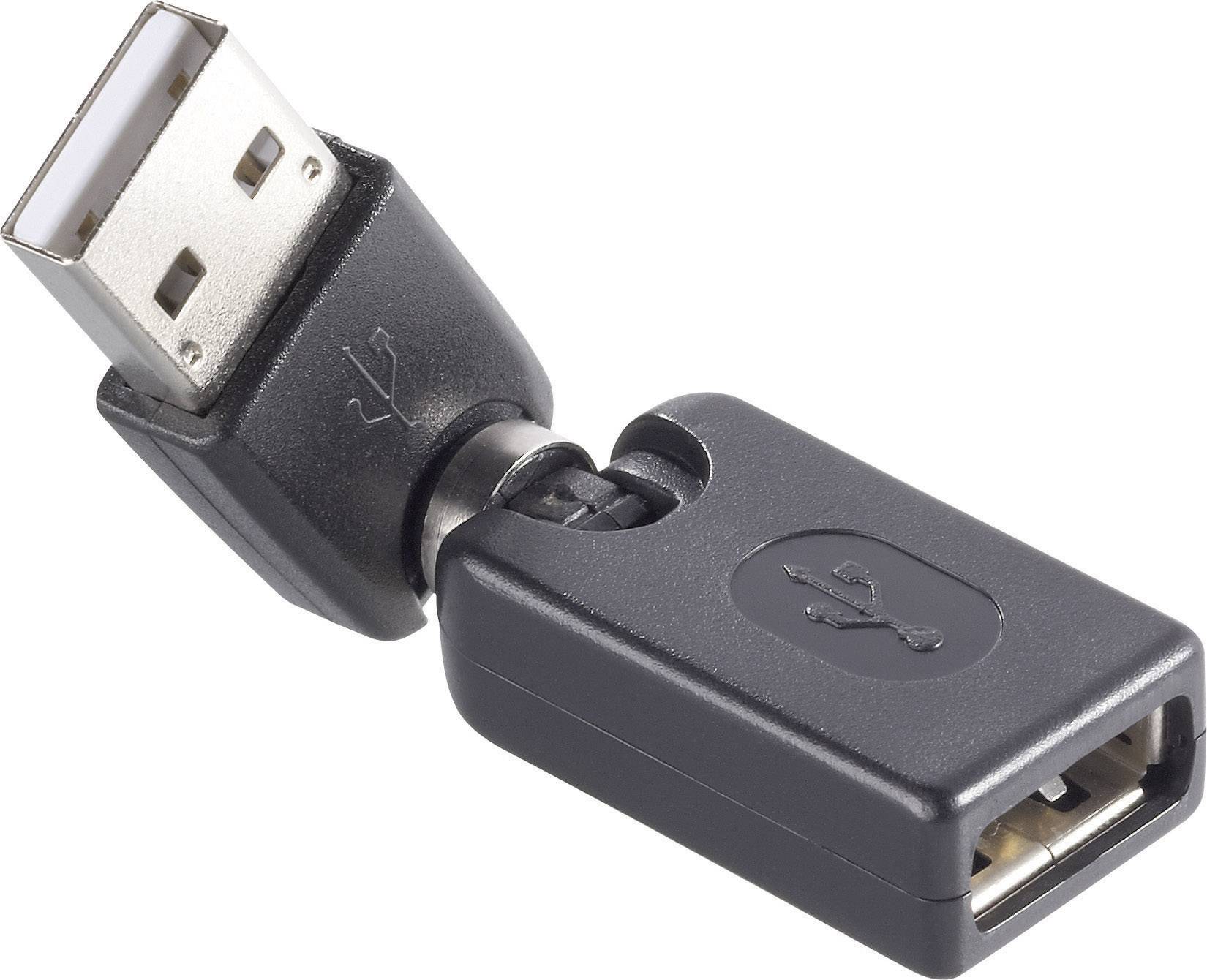 USB plug in a black adapter that can be rotated 90 degrees. Connects USB devices in confined spaces.