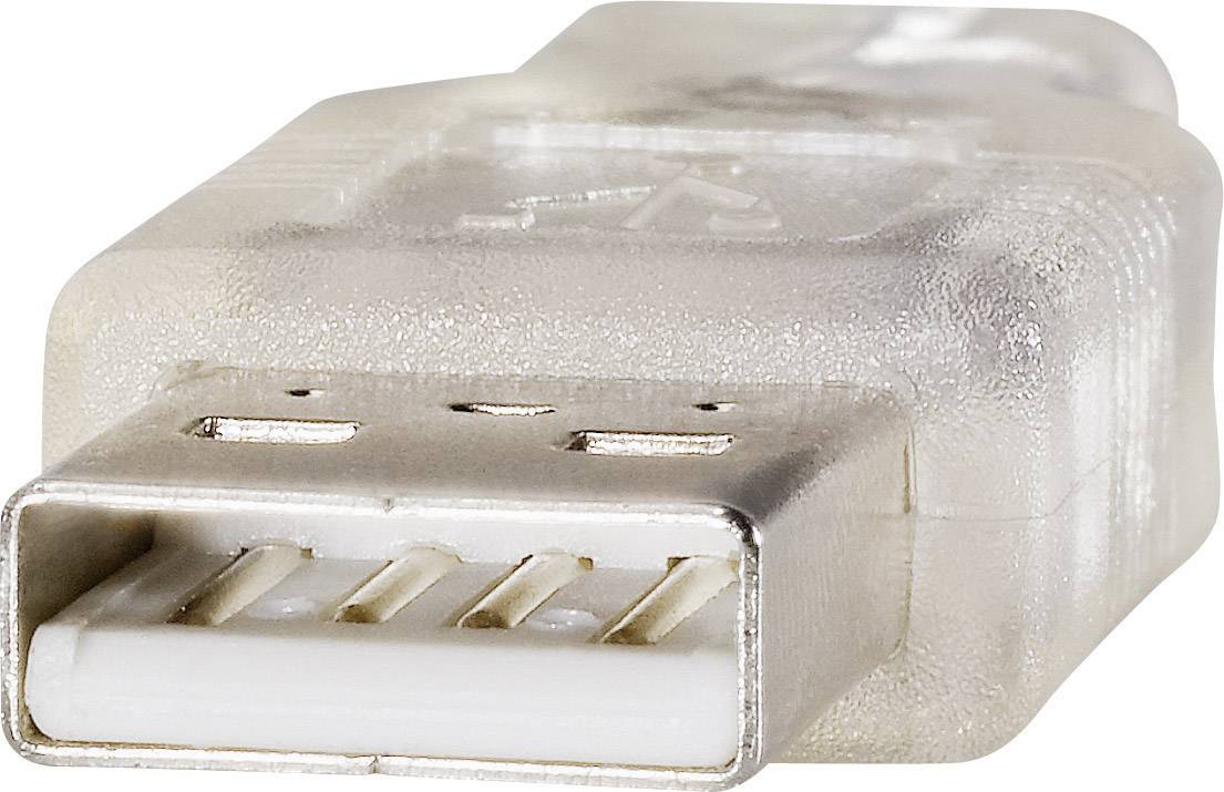 Close-up of a transparent USB plug with visible connection pins, used for connecting electronic devices.