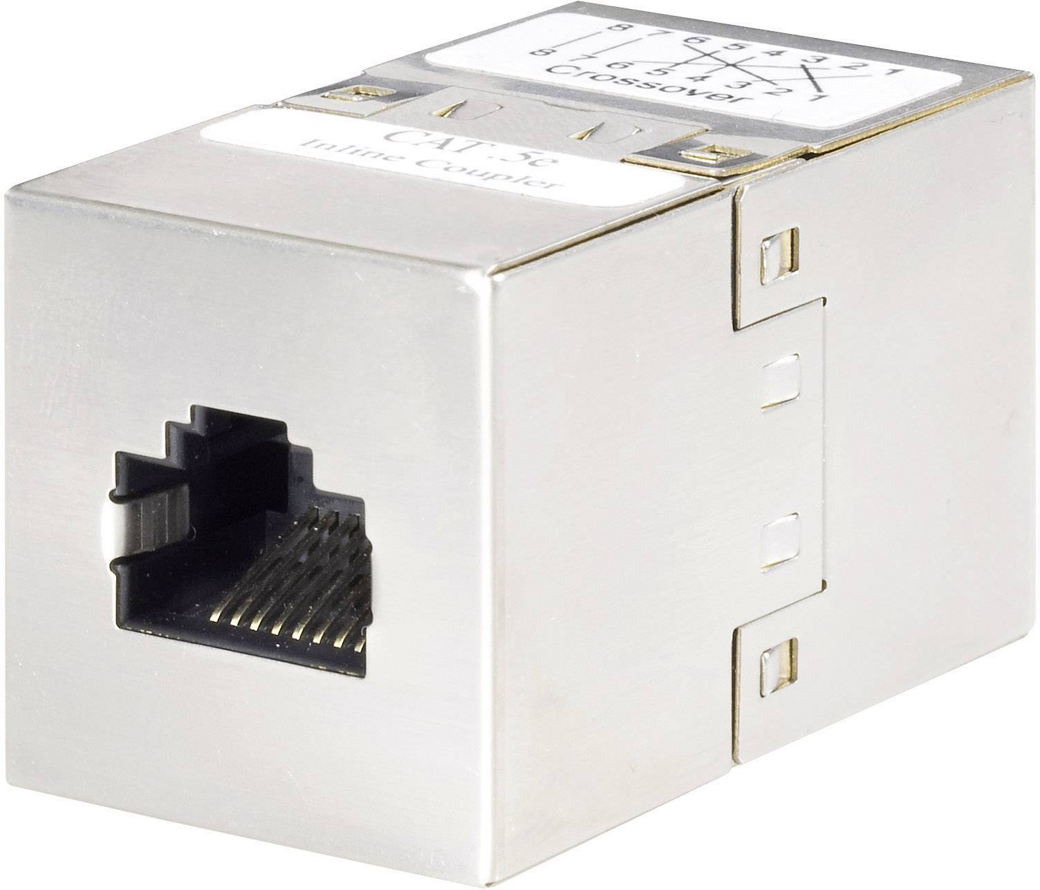 A CAT 7A inline coupler with a metal housing and RJ45 connectors, for connecting and extending network cables.