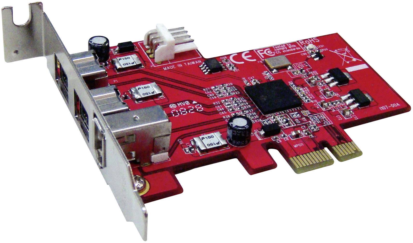 A red PCI expansion card with multiple USB ports and electronic components, for installation in a computer.