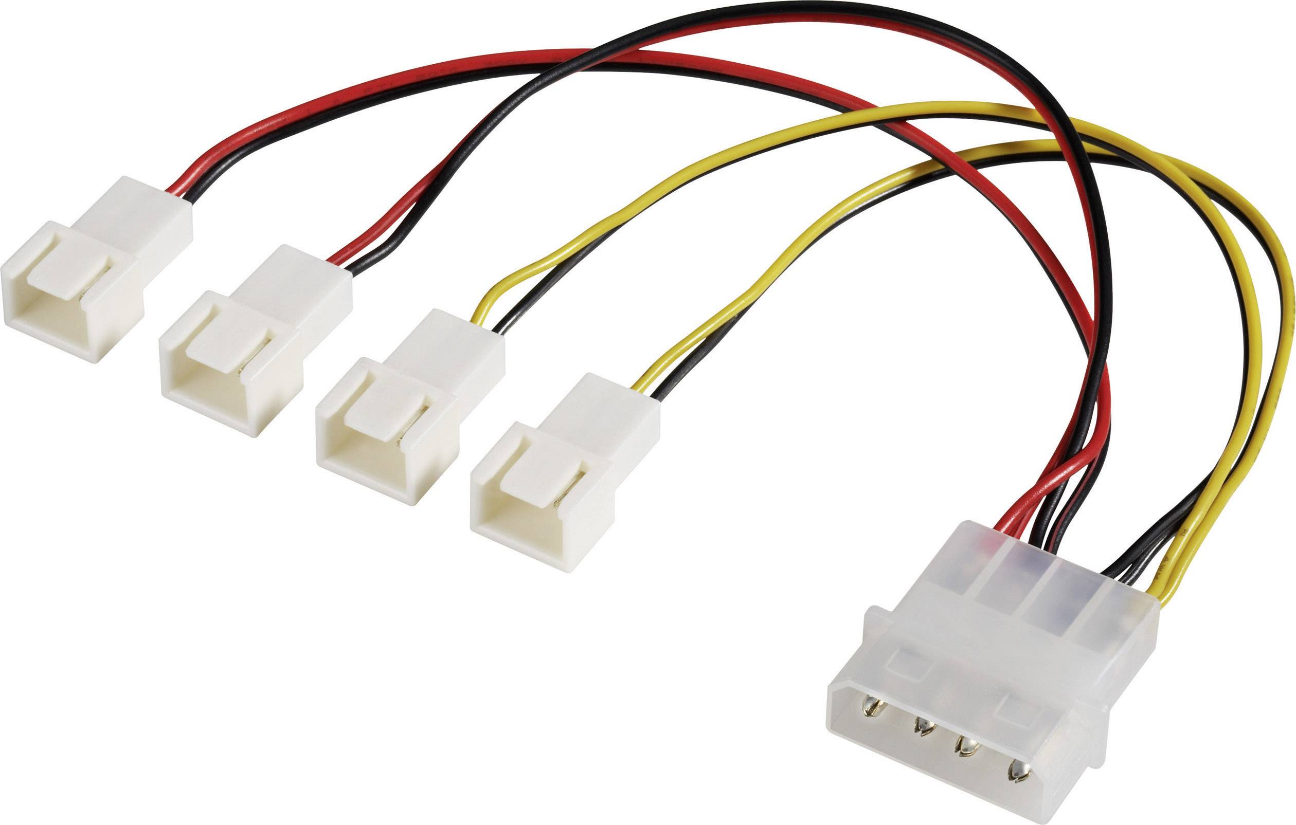 A white computer network cable adapter that splits from a 4-pin connector into four separate 3-pin plugs, with red, black, and yellow cables.