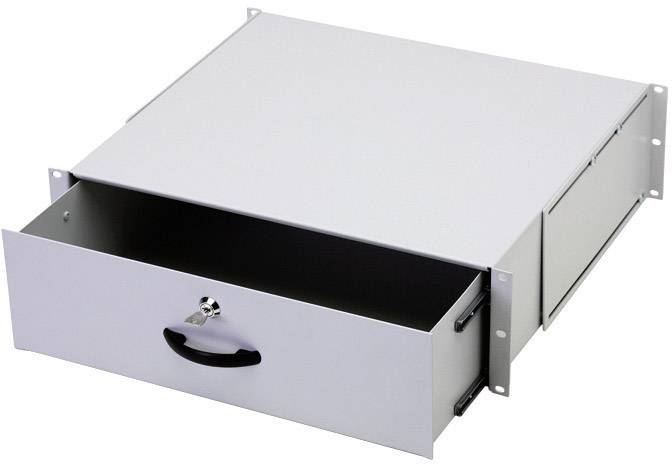 Grey, metal drawer unit with a pulled-out drawer and a lock on the front.