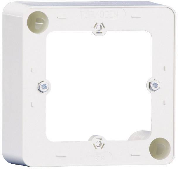 White plastic surface-mounted junction box with a square opening for mounting switches or sockets. Includes screw holes for fixing.