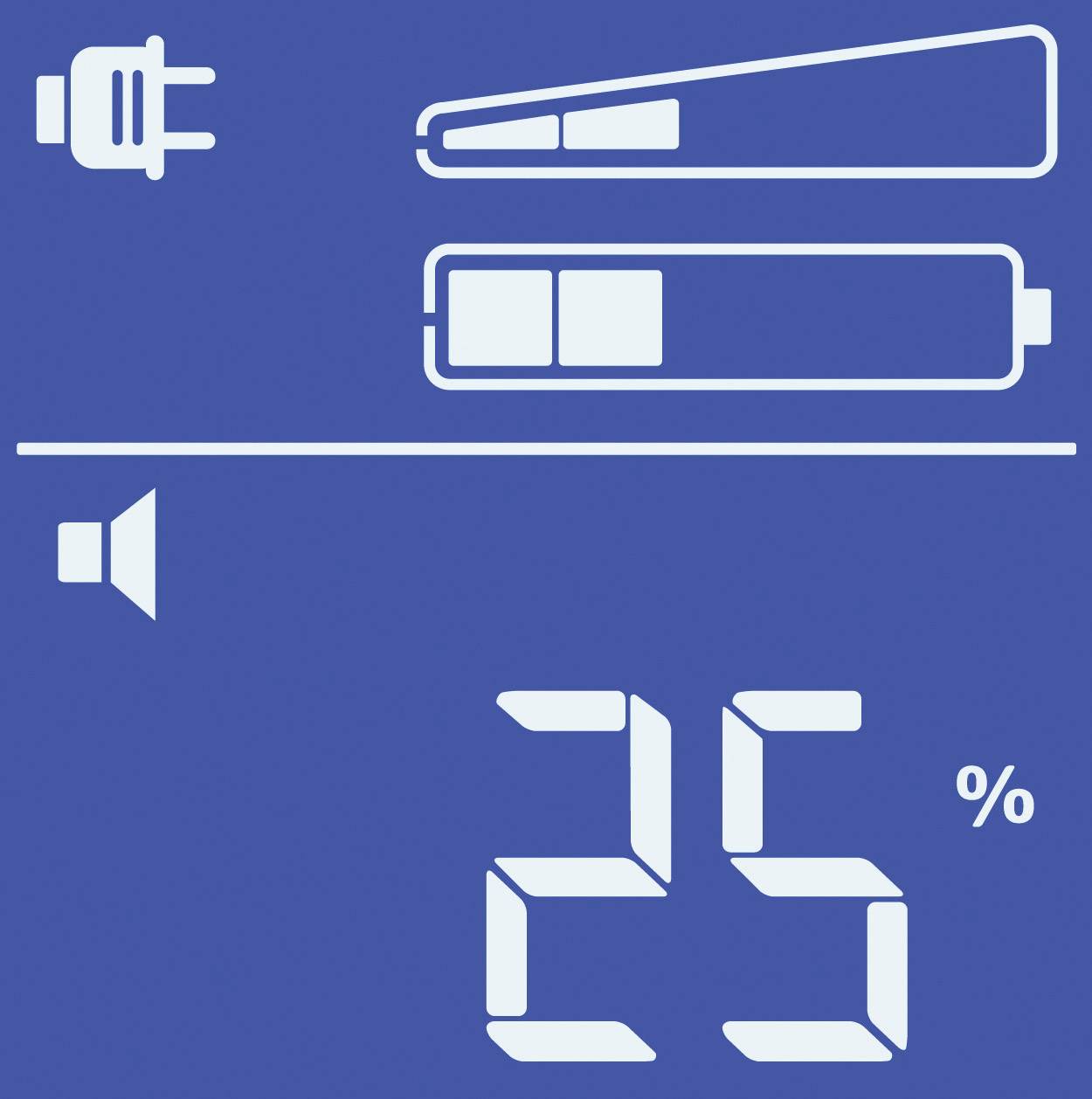 Blue display shows an empty battery level of 25%, a charger symbol, and a speaker symbol.