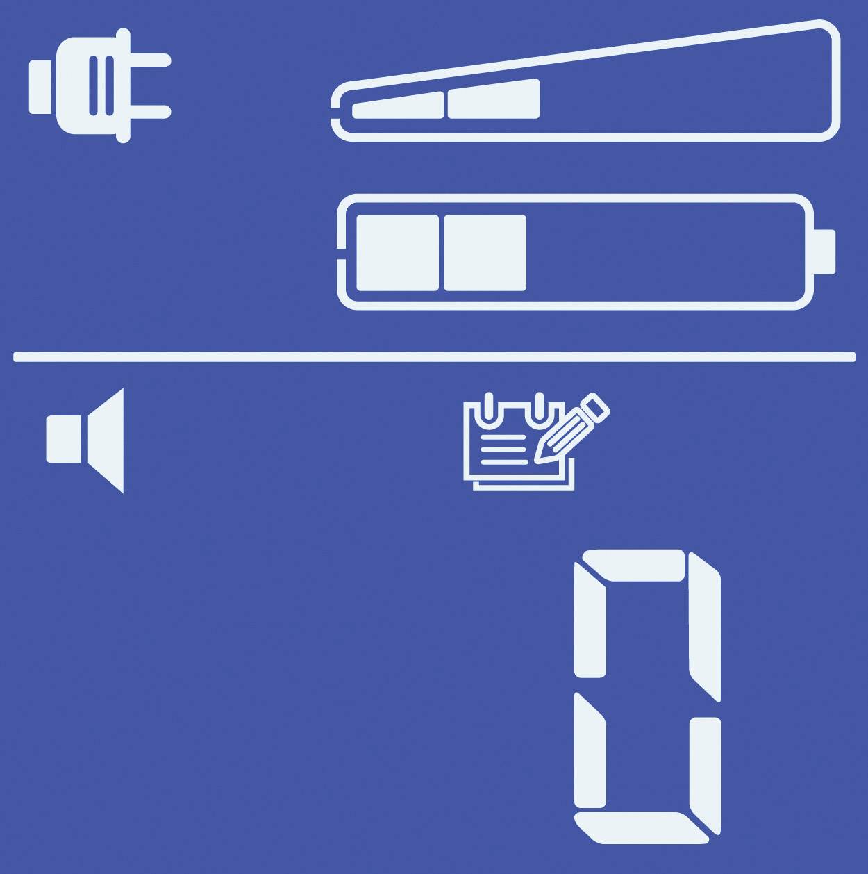 A blue screen displays a plug symbol at the top and battery indicators underneath. There is also a speaker symbol and a notepad graphic. At the bottom, the digit '0' is shown.
