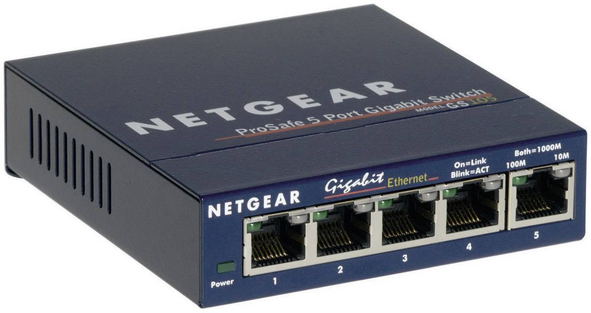Network switch by Netgear with five Ethernet ports and labels for speed indication and status LEDs.