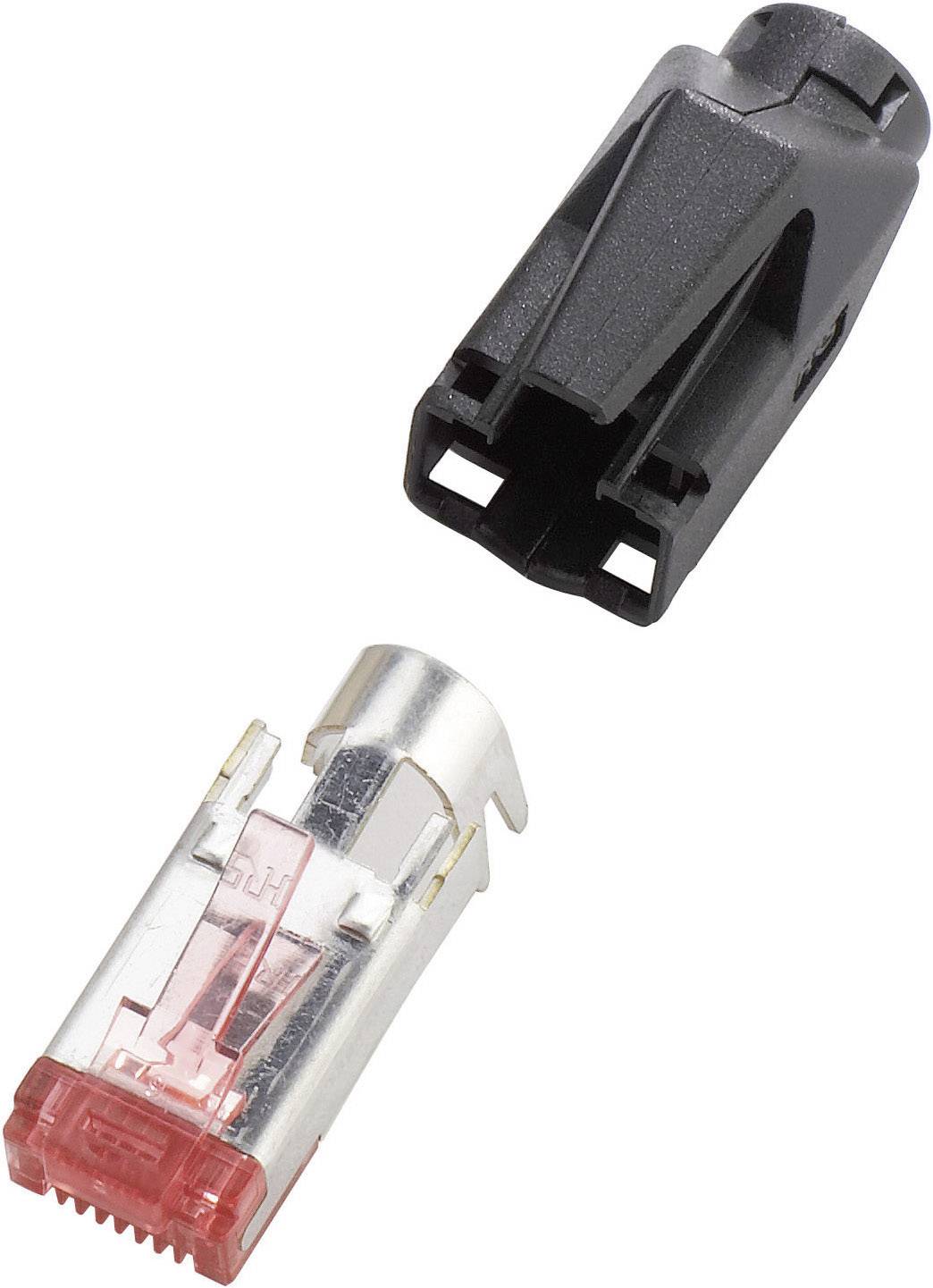 Two network plugs: one black and blank, the other transparent with red and silver elements, show components for data transmission.