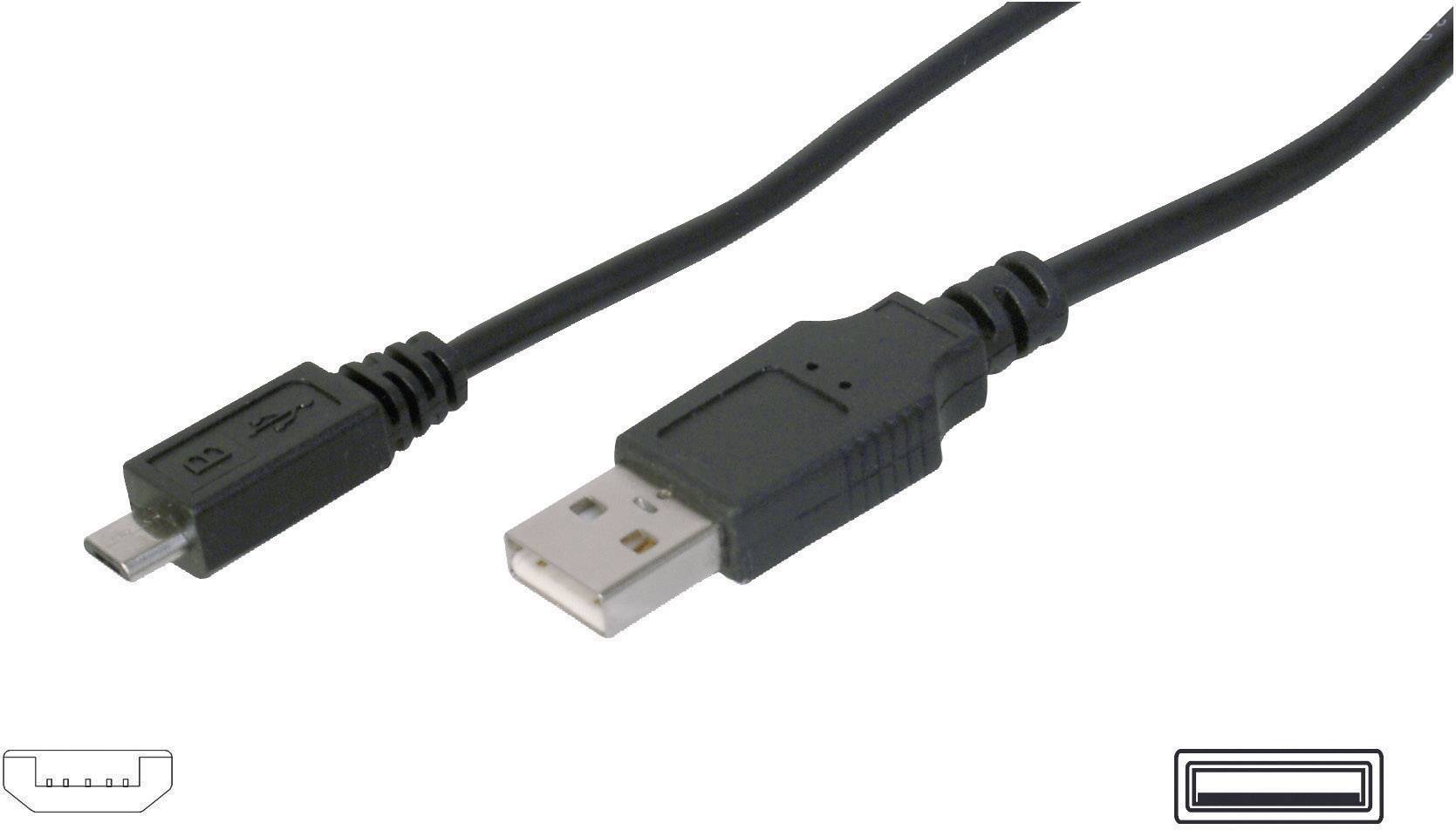 A black USB cable with a micro-USB plug on the left side and a standard USB plug on the right side.