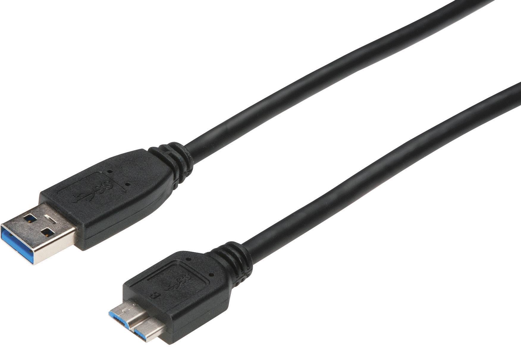 USB cable with standard plug and micro-USB plug, black. Suitable for connecting devices such as smartphones to computers.