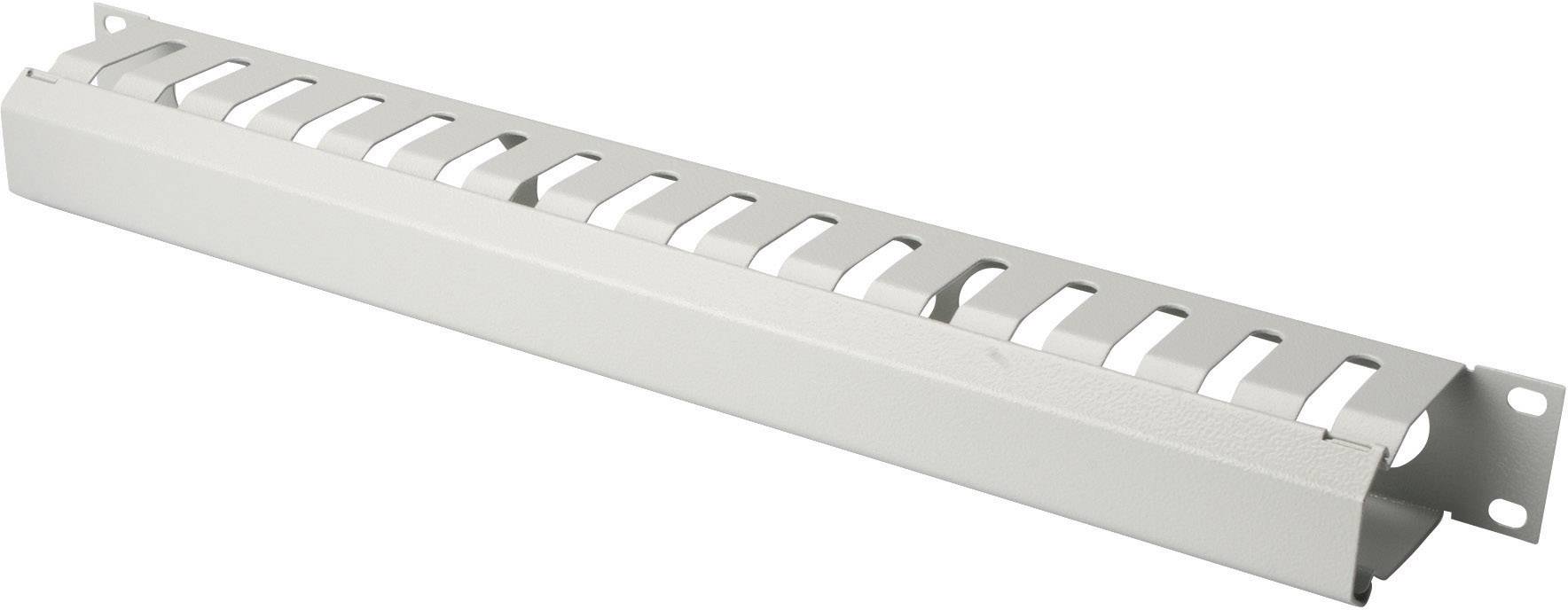 Silver cable management channel with slots for neat routing and organisation of cables. Suitable for installation in racks.
