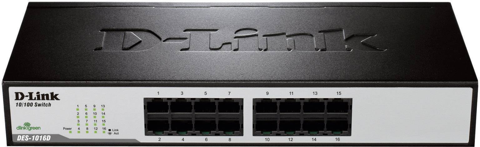 Network switch by D-Link, model DES-1016D, with 16 Ethernet ports on the front panel.