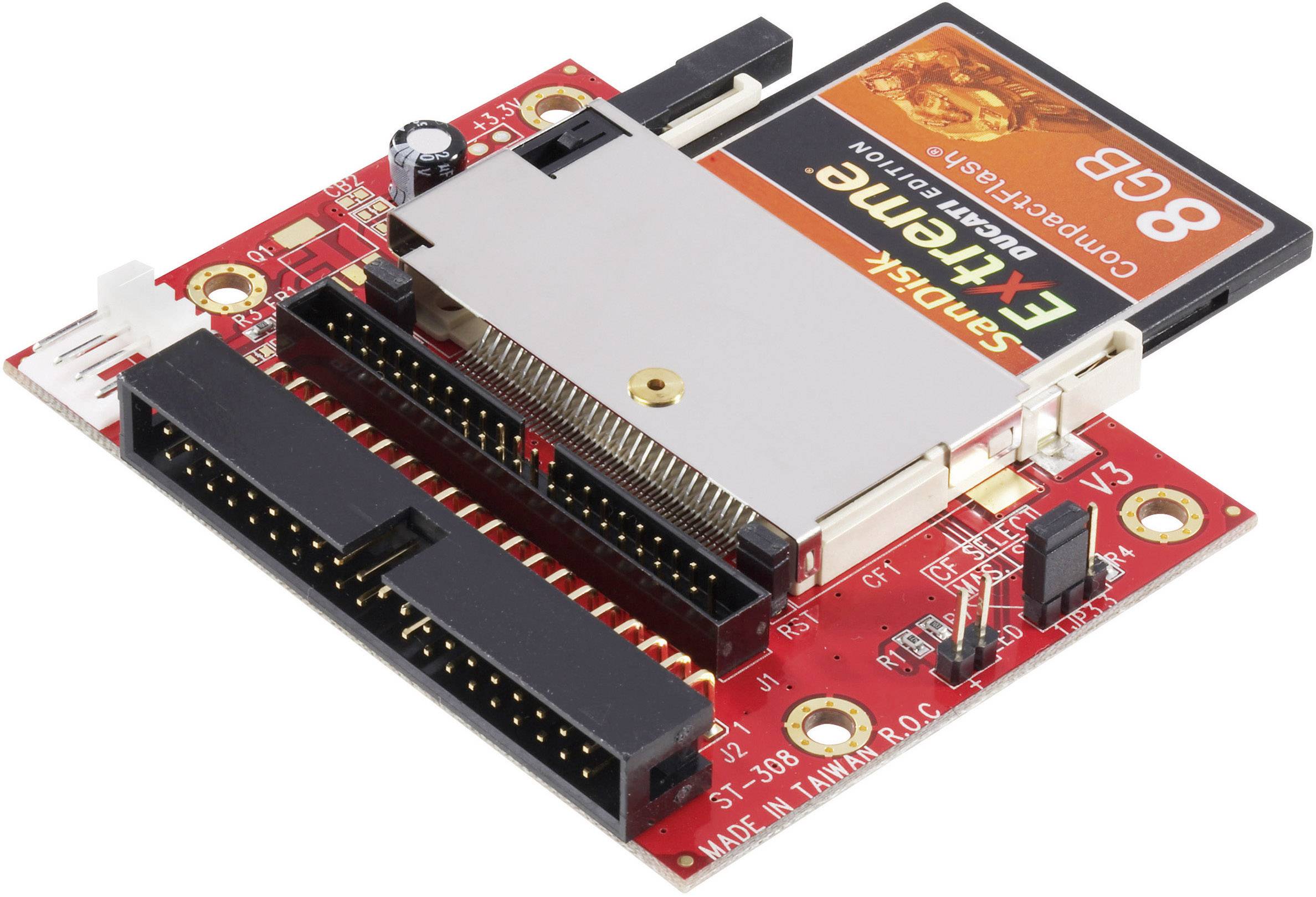 Red electronic circuit board with a slot for a CompactFlash card. Contains multiple connectors and electronic components.