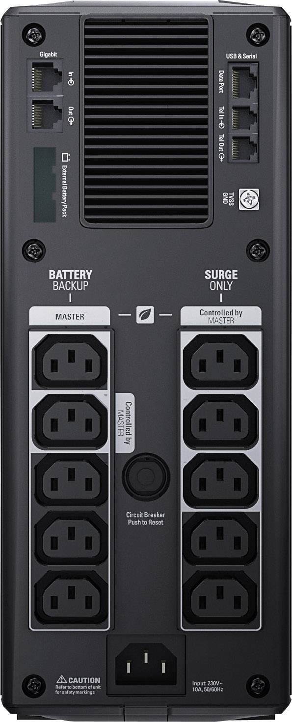 Rear view of a UPS unit with power connections, network and USB ports, and battery status indicator.