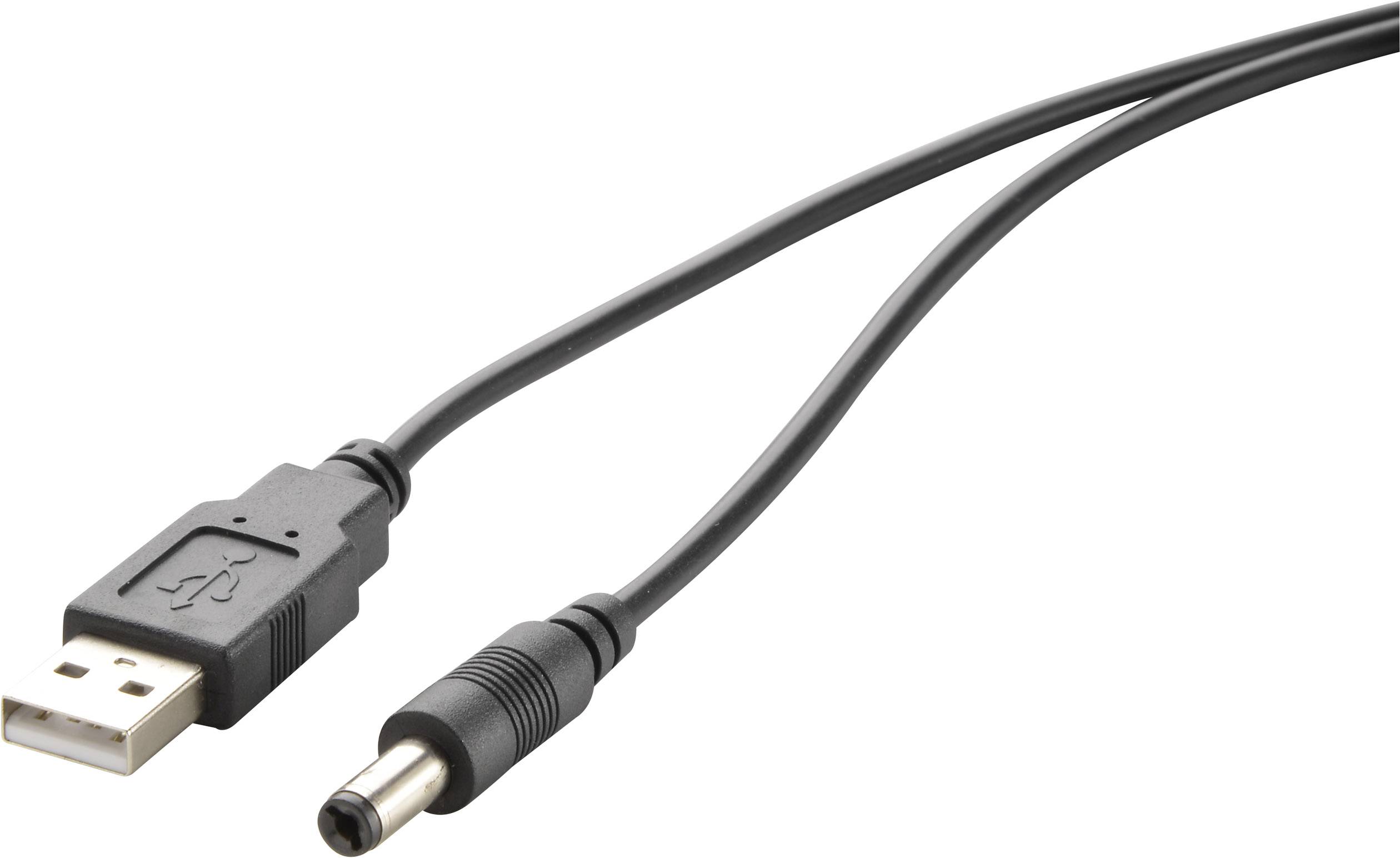 A black USB cable ends in a round plug. It could be used for charging or connecting electronic devices.