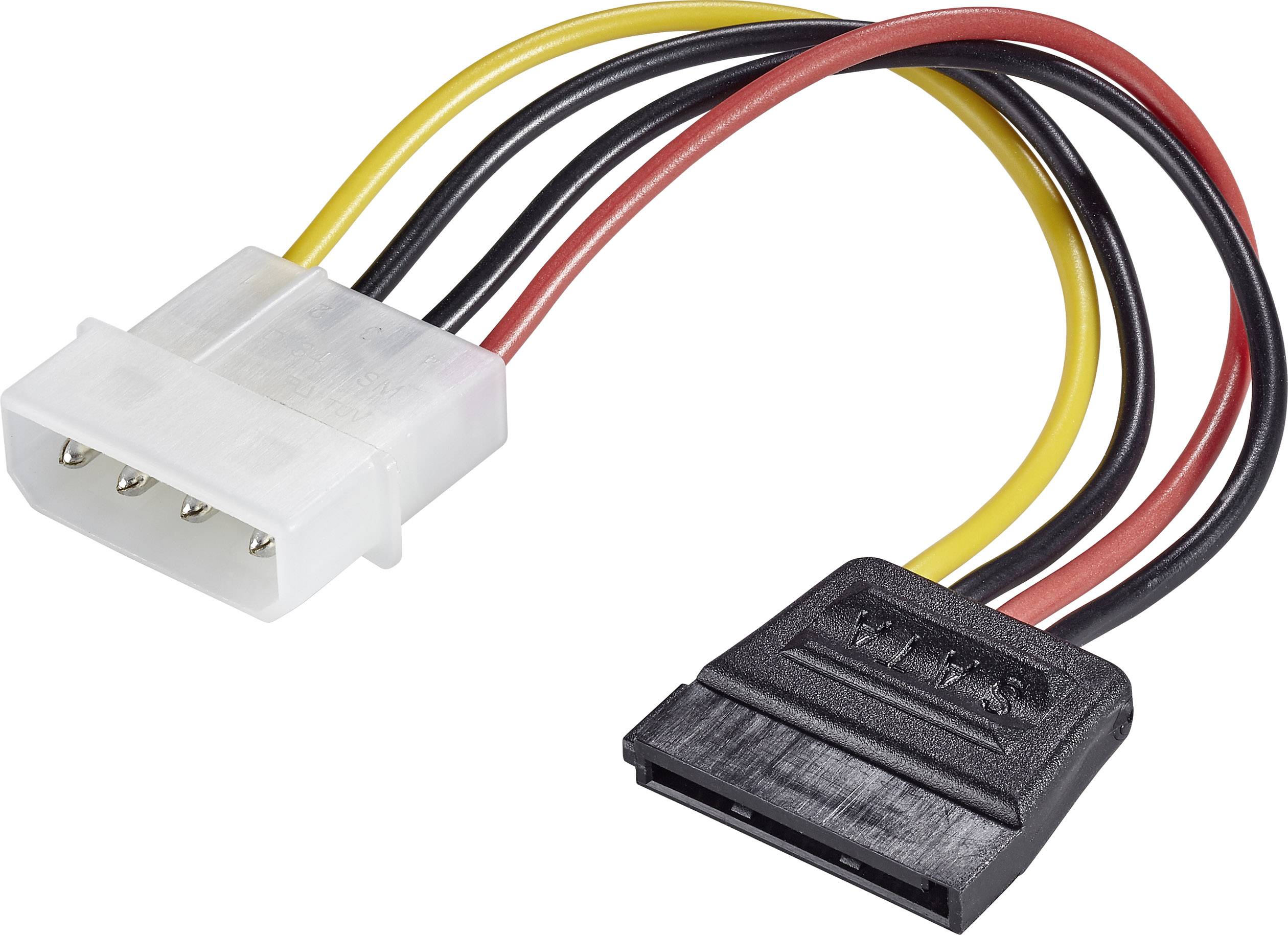 A Molex-to-SATA power adapter with four cables in yellow, black, and red, connects older power supplies with SATA drives.
