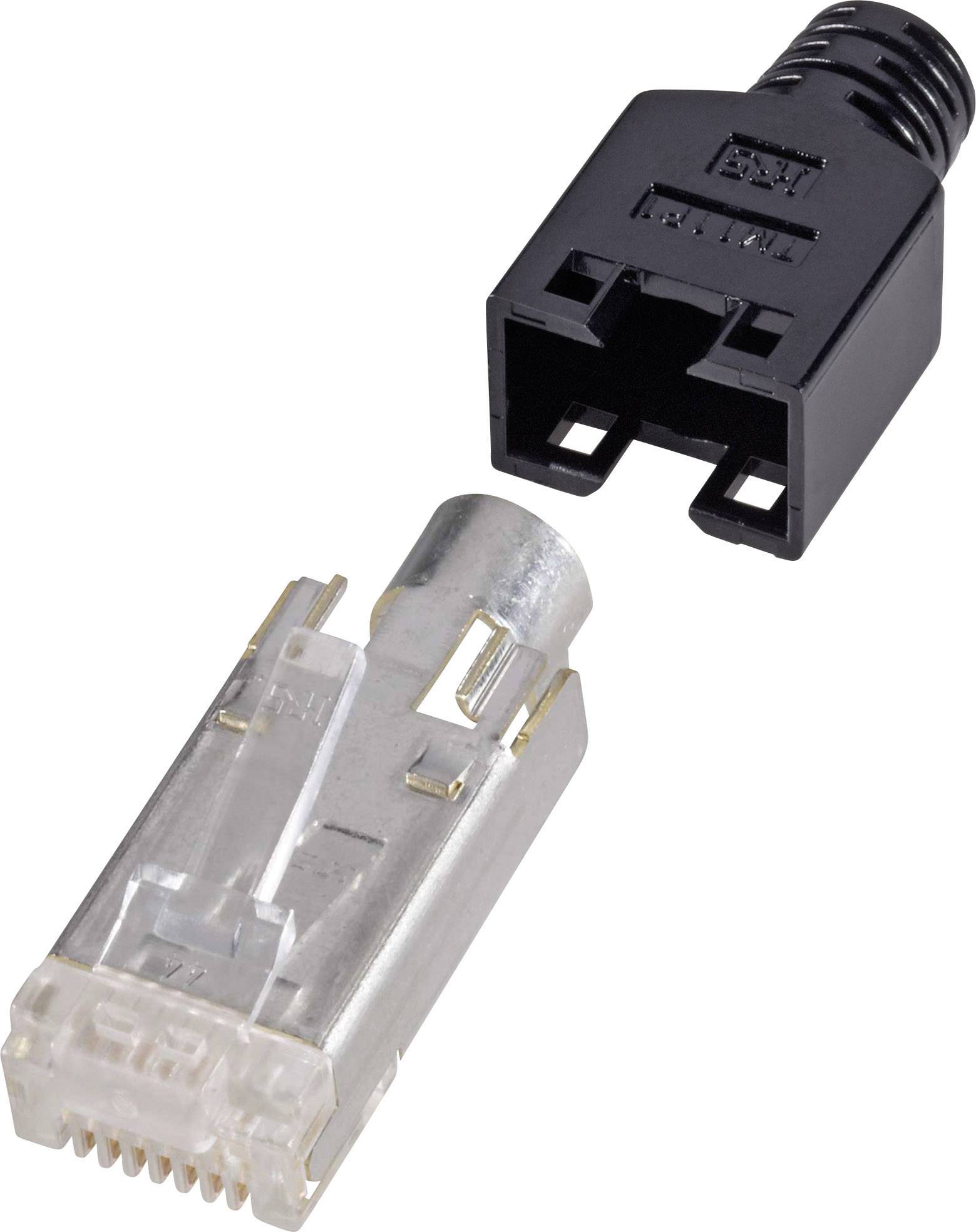 A black network plug and a silver RJ45 plug are lying side by side on a white background, ready to be connected.