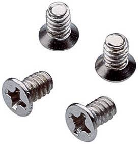 Four silver cross-head screws on a white background.