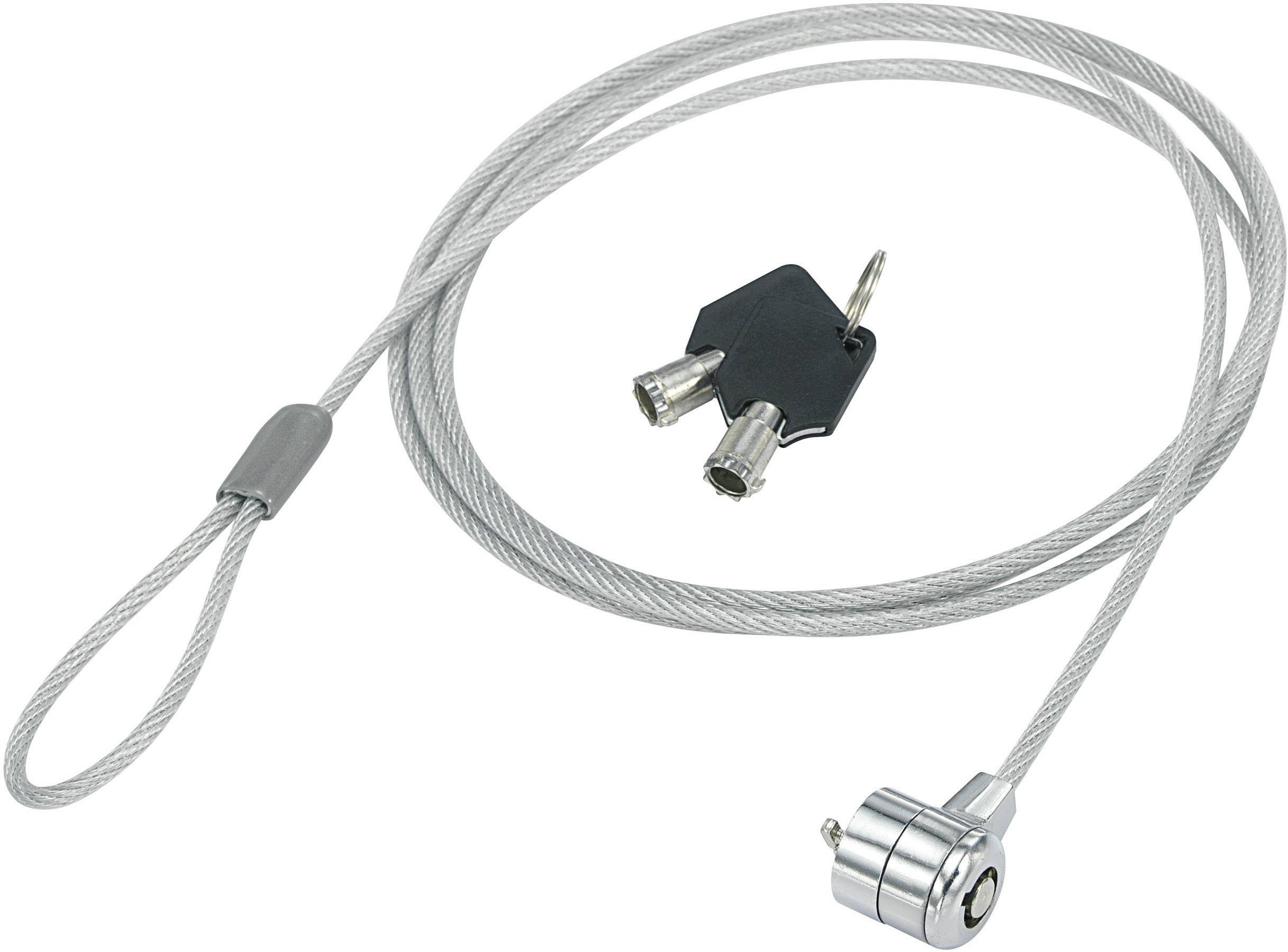 Cable lock with two keys for securing laptops. Silver lock head and loop for attaching to fixed objects.