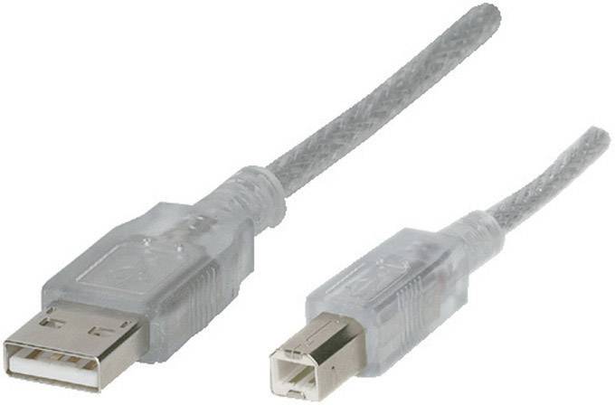 Two transparent USB cables: on the left a standard USB plug, on the right a smaller square plug, suitable for printers.