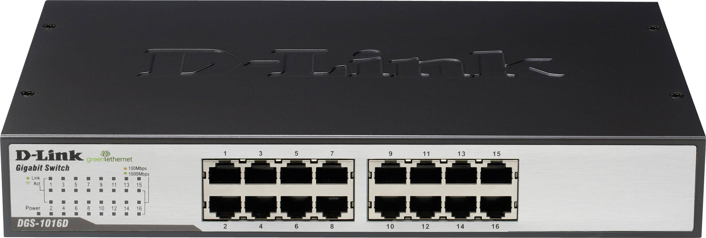 D-Link Gigabit Switch DGS-1016D with 16 Ethernet ports for network connection and management, suitable for small to medium-sized businesses.