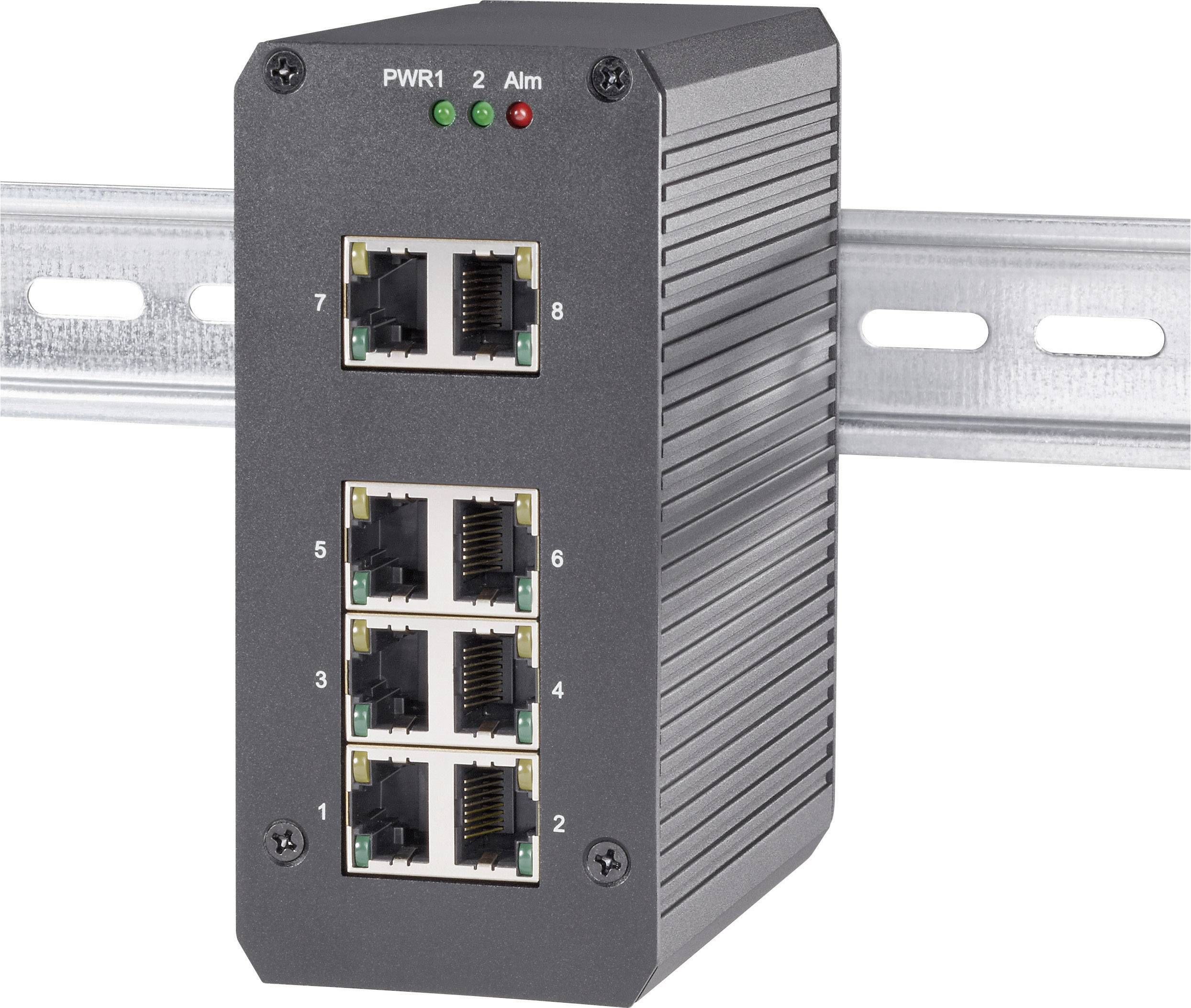 Industrial Ethernet switch in a metal enclosure with eight RJ45 ports and LED indicators, mounted on a DIN rail.