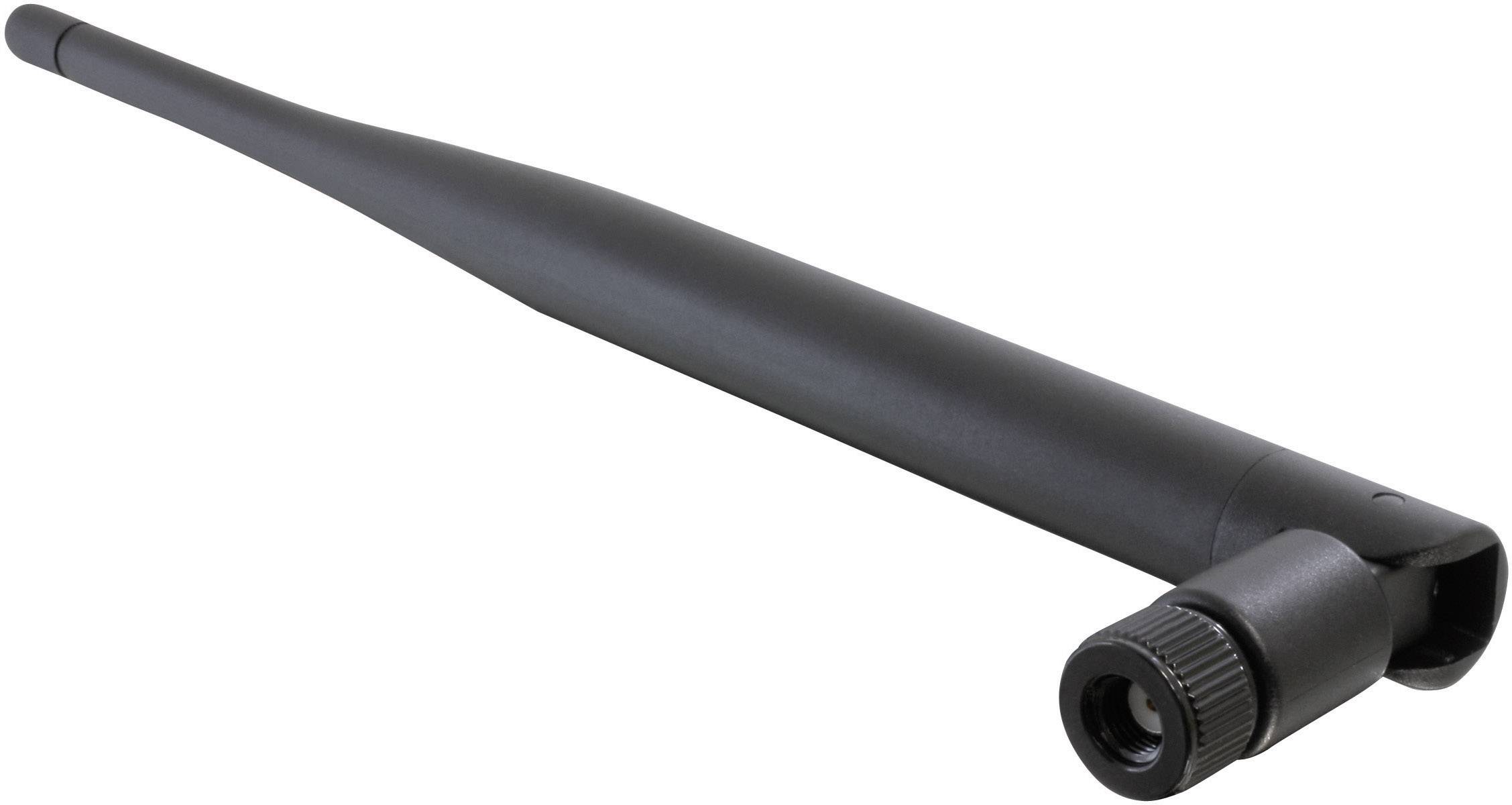 Black, detachable omnidirectional antenna with an SMA connector, suitable for WiFi devices to enhance reception and transmission power.
