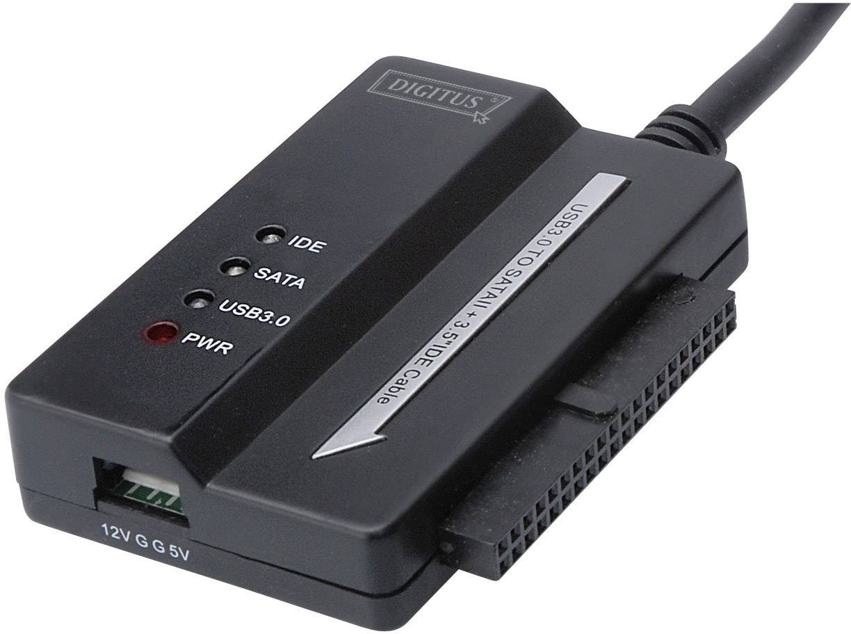 A USB adapter for connecting IDE and SATA hard drives with USB 3.0, including LED indicators for operation and interface status.