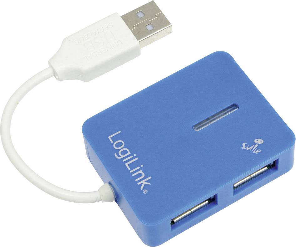 Blue USB hub with four ports. The device has a short, white cable and is labelled 'LogiLink'.