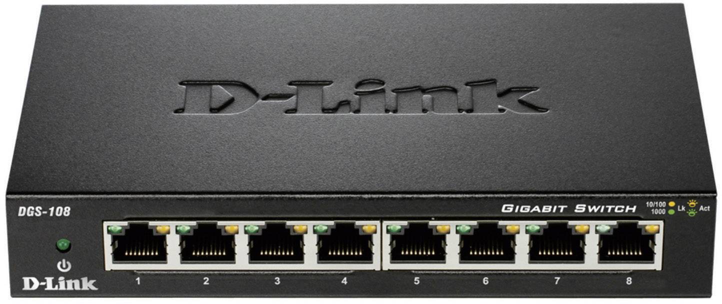 A black D-Link Gigabit switch, model DGS-108, with eight Ethernet ports in a row, green LED light on the left.