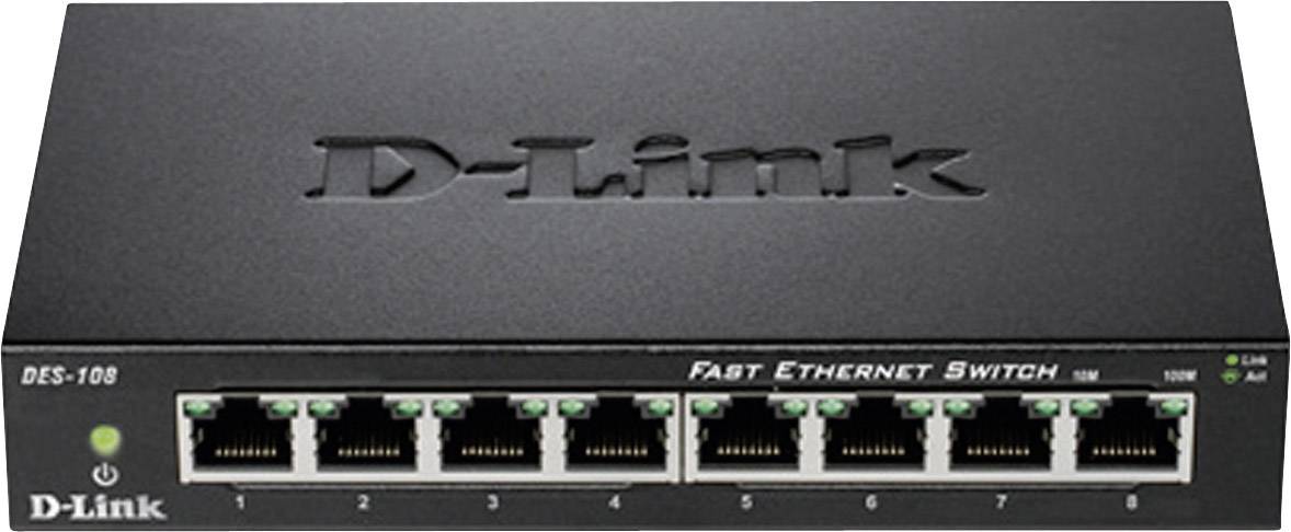 A black D-Link Fast Ethernet switch with eight Ethernet ports and LED status indicators for power and connection.