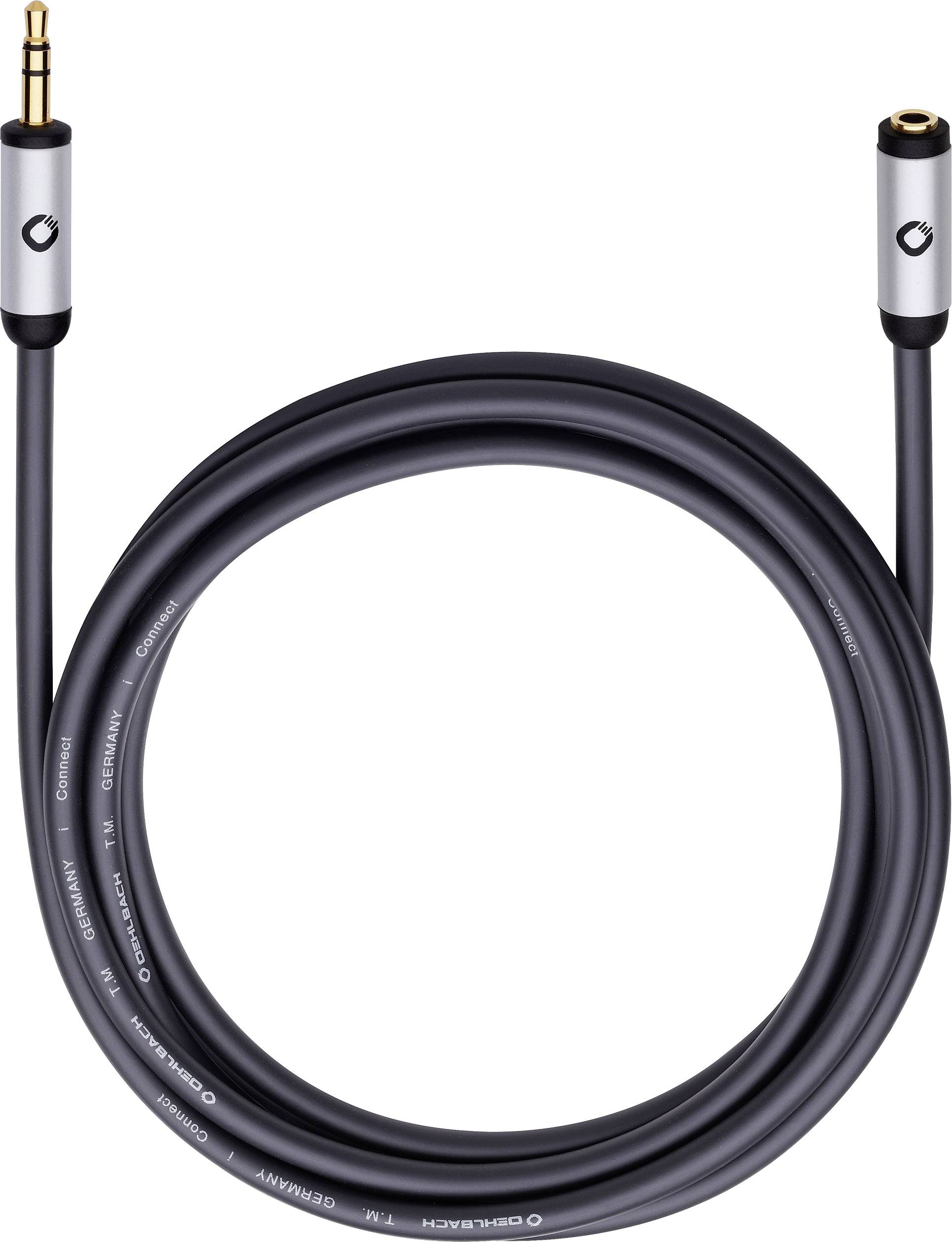 A black audio cable with a 3.5 mm plug on one side and a 3.5 mm socket on the other side.