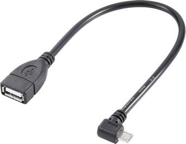 Black OTG cable with USB-A socket and Micro-USB plug, suitable for connecting mobile devices with USB accessories.