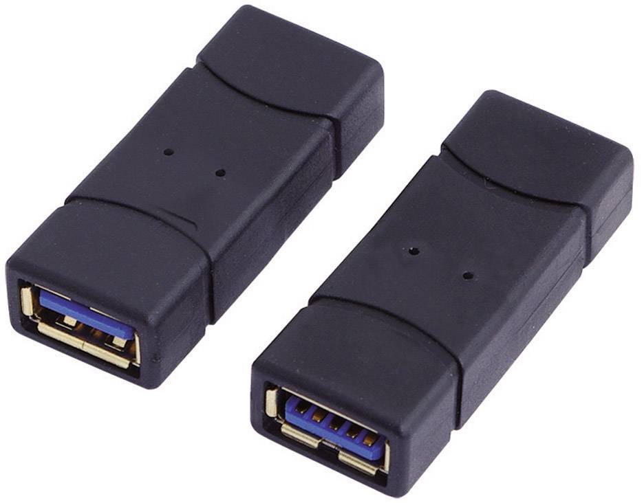 Two black USB adapters with blue inner sides, lying side by side, each with USB ports at one end.