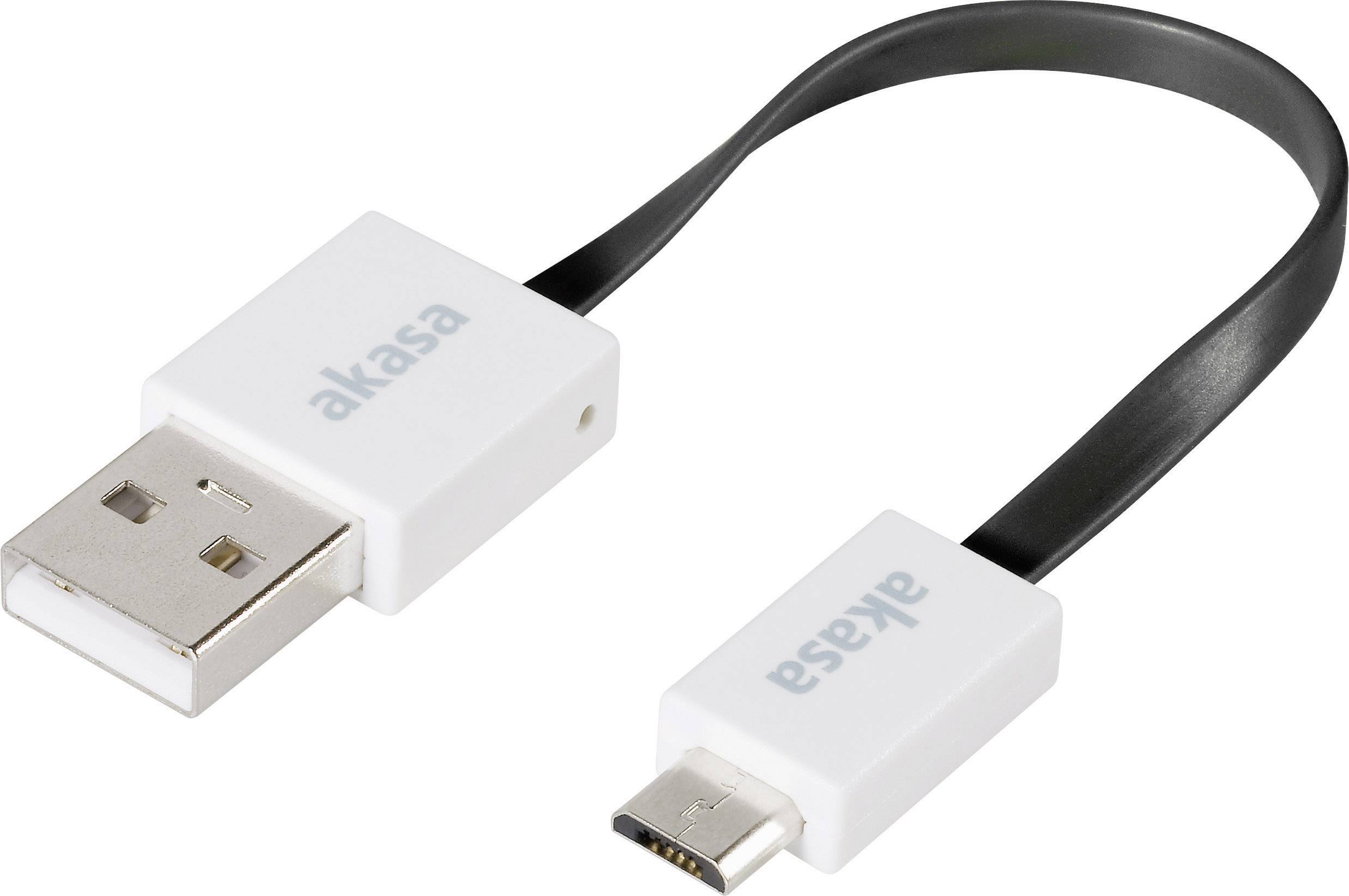 White USB cable adapter by 'akasa', featuring a USB-A connection to Micro-USB connection, with the manufacturer's branding displayed on both sides.