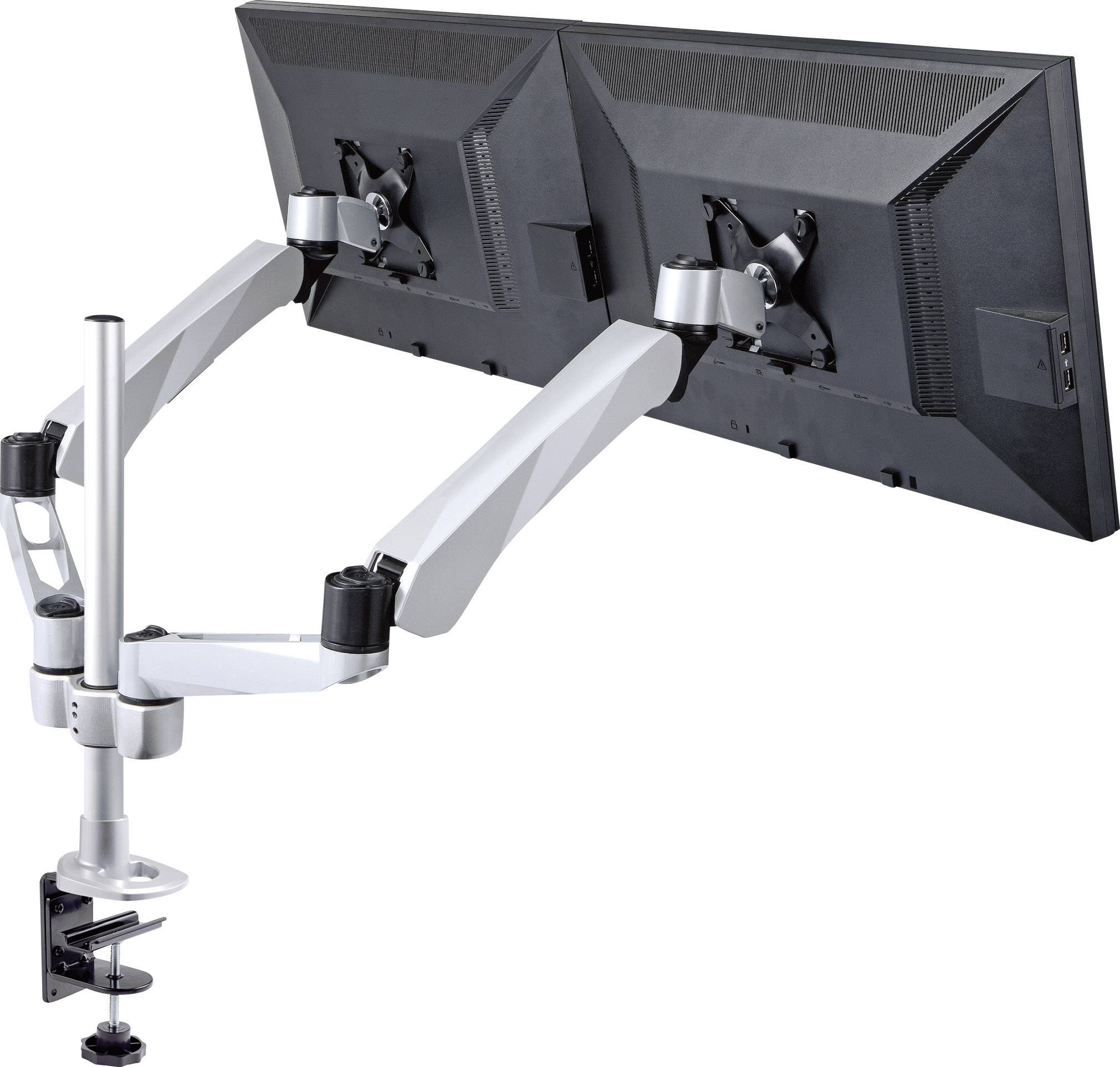 Two computer screens mounted side by side on a flexible mounting arm attached to a desk.