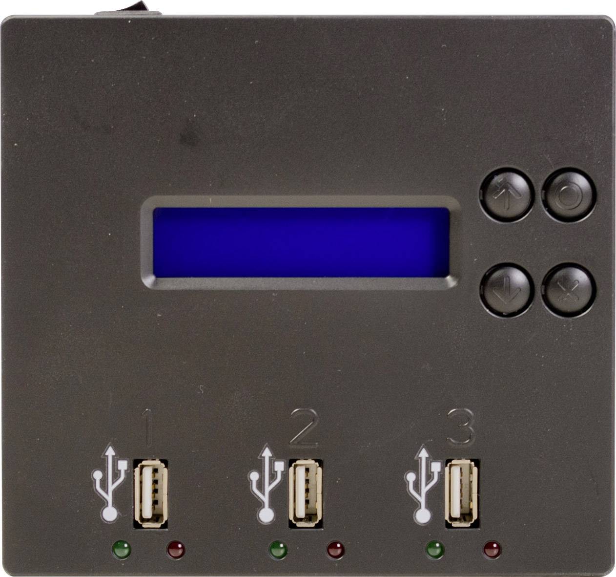 Black control panel with blue screen, three USB ports and indicator lights. Two control buttons in the top right.