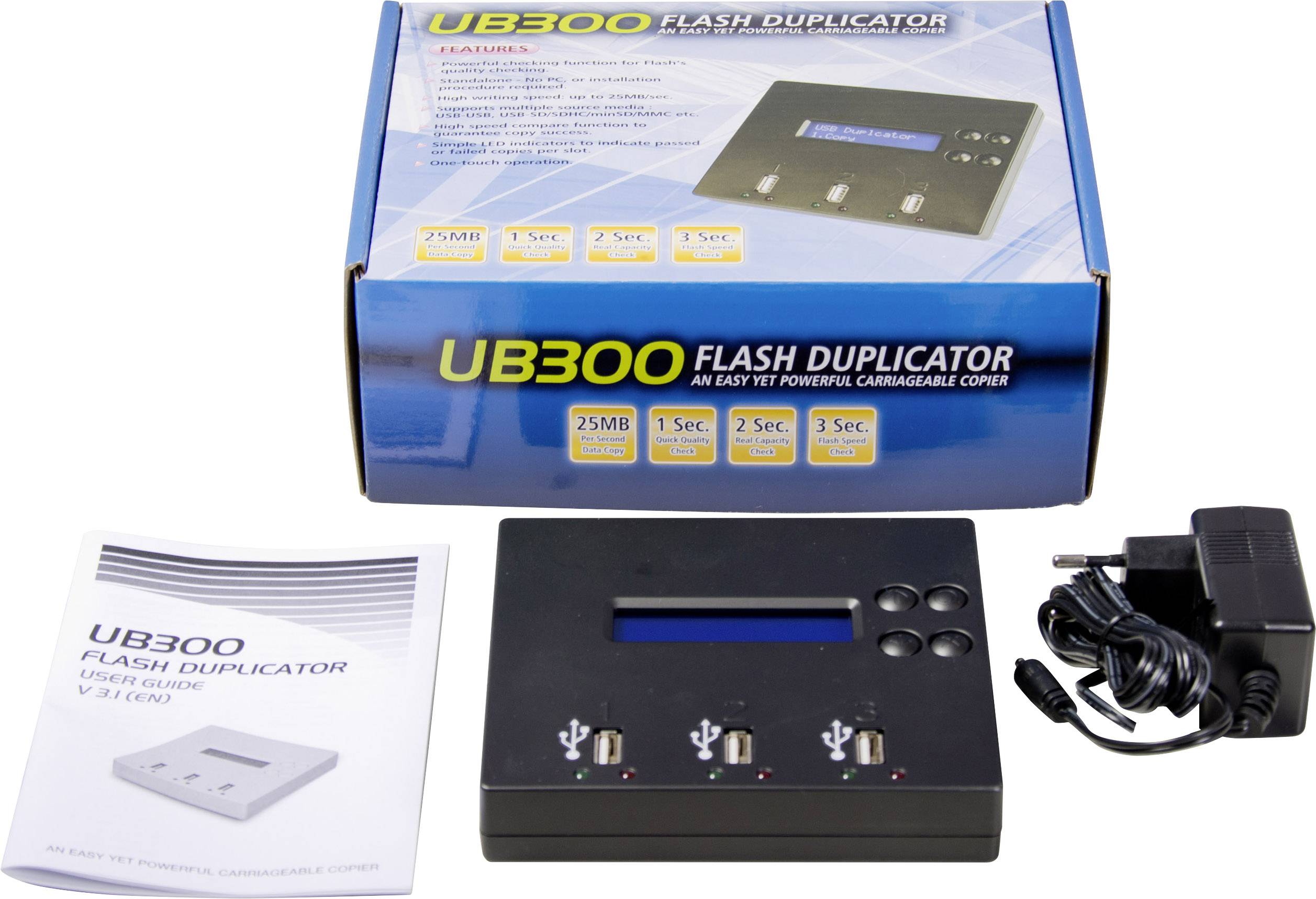 'UB300 Flash Duplicator' instruction manual, device with LCD screen, three buttons and power adapter. Packaging shows 25MB performance capacity.