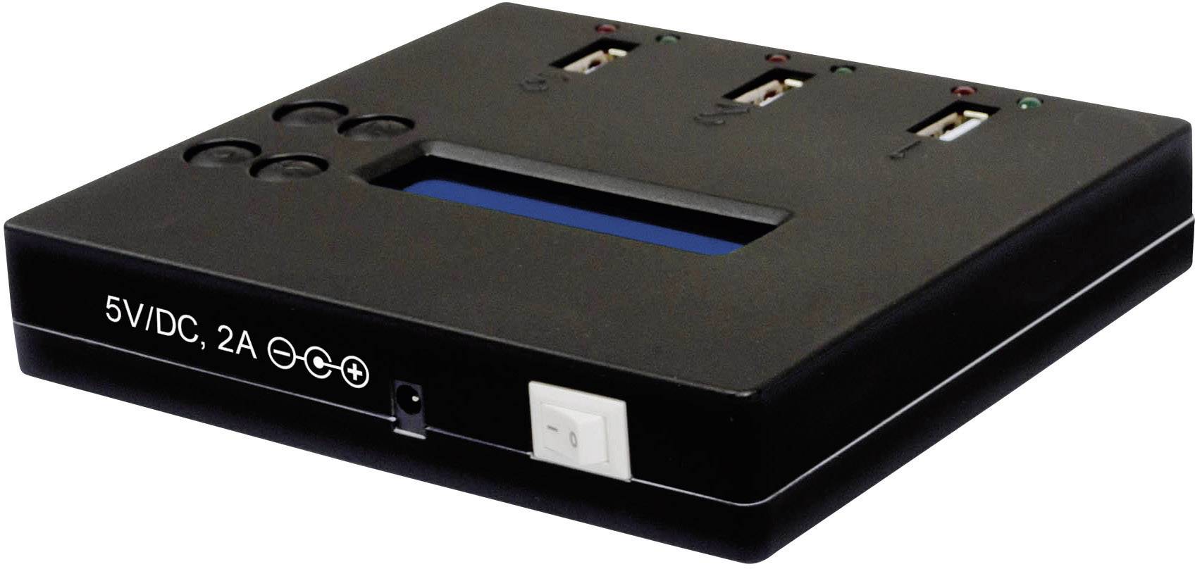 Black electronic charger with three USB ports and a small display, showing 5V/DC, 2A next to a power on/off switch.