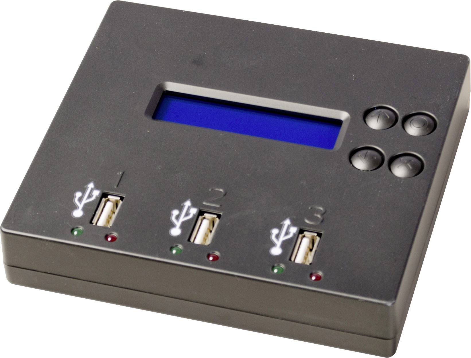 A black electronic device with a blue display, three USB ports, and four buttons, numbered from 1 to 3.