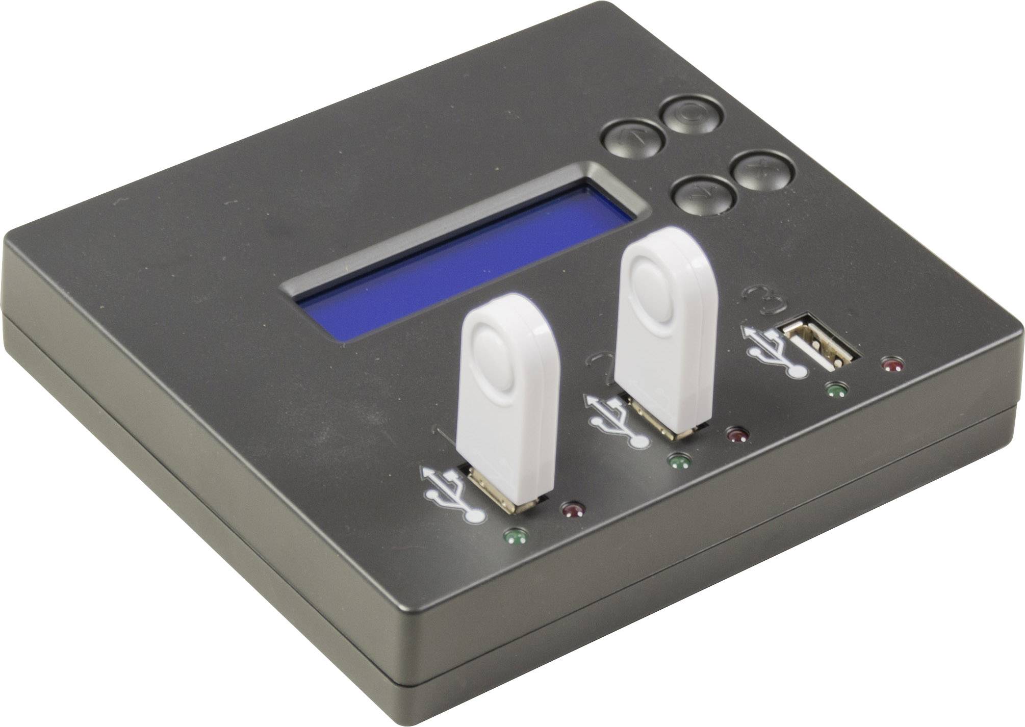 Electronic device with a display and multiple buttons. Two USB interfaces with connected devices are in the foreground.
