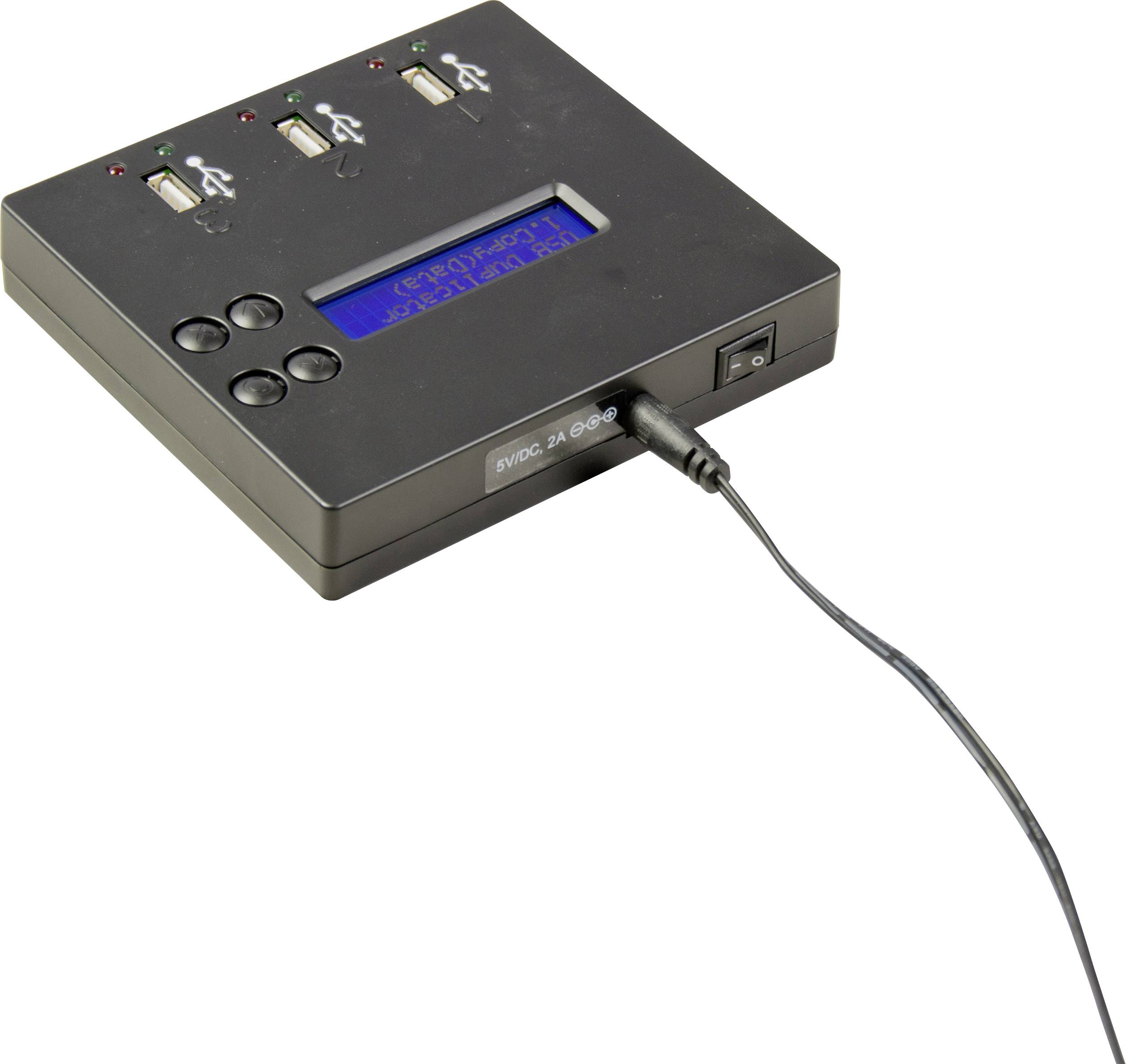 Programmable USB hub with display and control buttons, showing data and featuring four USB ports. Power cable connected.