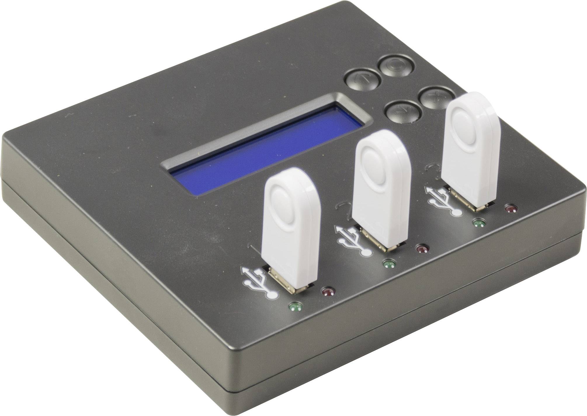 An electronic device with three white USB sticks, a small display and several buttons, most likely for data monitoring.